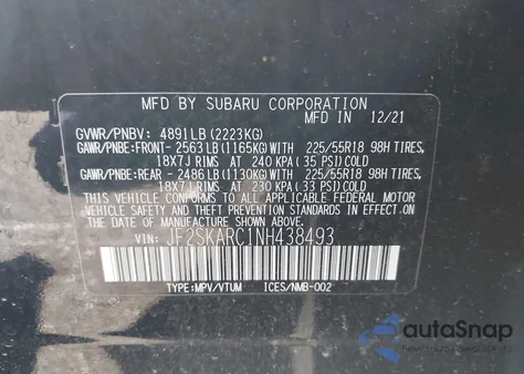 2022 Subaru Forester Touring z USA, uszkodzony, nr VIN JF2SKARC1NH438493